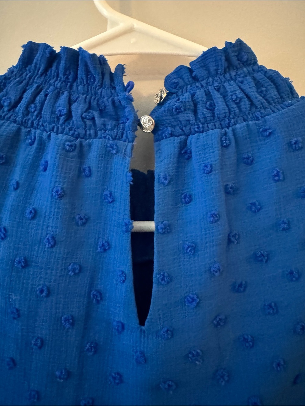 CeCe Royal Blue Swiss Dot Ruffle Mock Neck Top - Picture 6 of 6